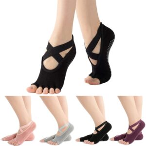 pengxiaomei 4 pairs non slip pilates socks,yoga socks for women, women's yoga socks with toes, clasped pilates socks for ballet pilates barre dance