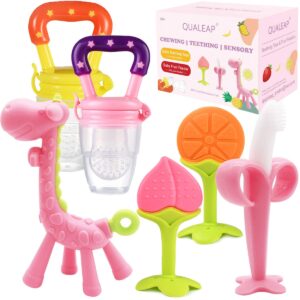 Stand-Up Teething Toys for Babies 0-6 Months 6-12 Months - Teethers with 2 × Baby Fruit Feeders and 4 × Baby Teether - BPA Free/Freezer Free - Different Soft Textures for Infant and Toddlers (Pink)