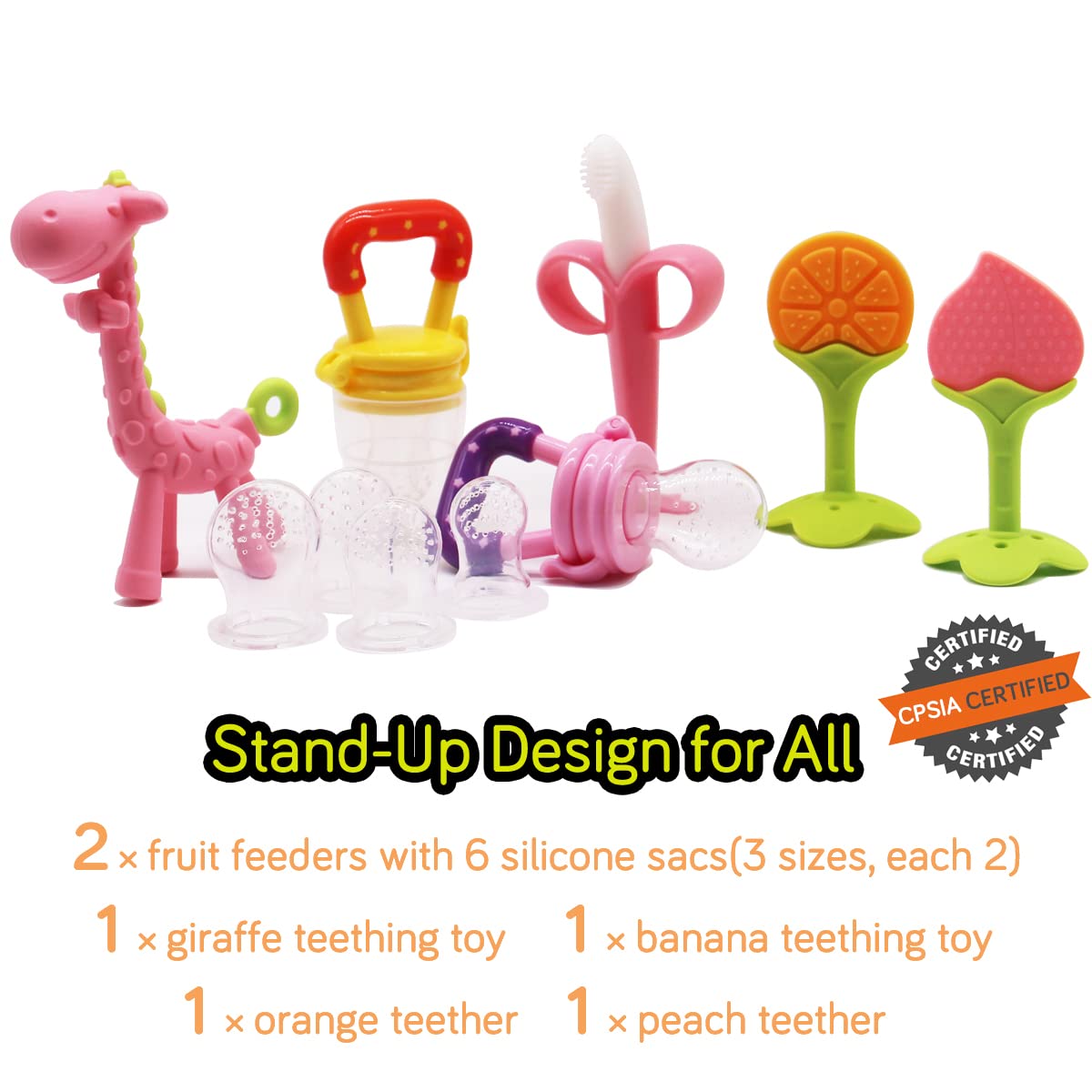 Stand-Up Teething Toys for Babies 0-6 Months 6-12 Months - Teethers with 2 × Baby Fruit Feeders and 4 × Baby Teether - BPA Free/Freezer Free - Different Soft Textures for Infant and Toddlers (Pink)