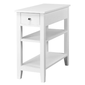 giantex narrow end table, small side table with drawer and shelf, wood accent sofa table, skinny nightstand for small space living room bedroom (1, white)