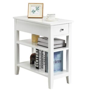 Giantex Narrow End Table, Small Side Table with Drawer and Shelf, Wood Accent Sofa Table, Skinny Nightstand for Small Space Living Room Bedroom (1, White)