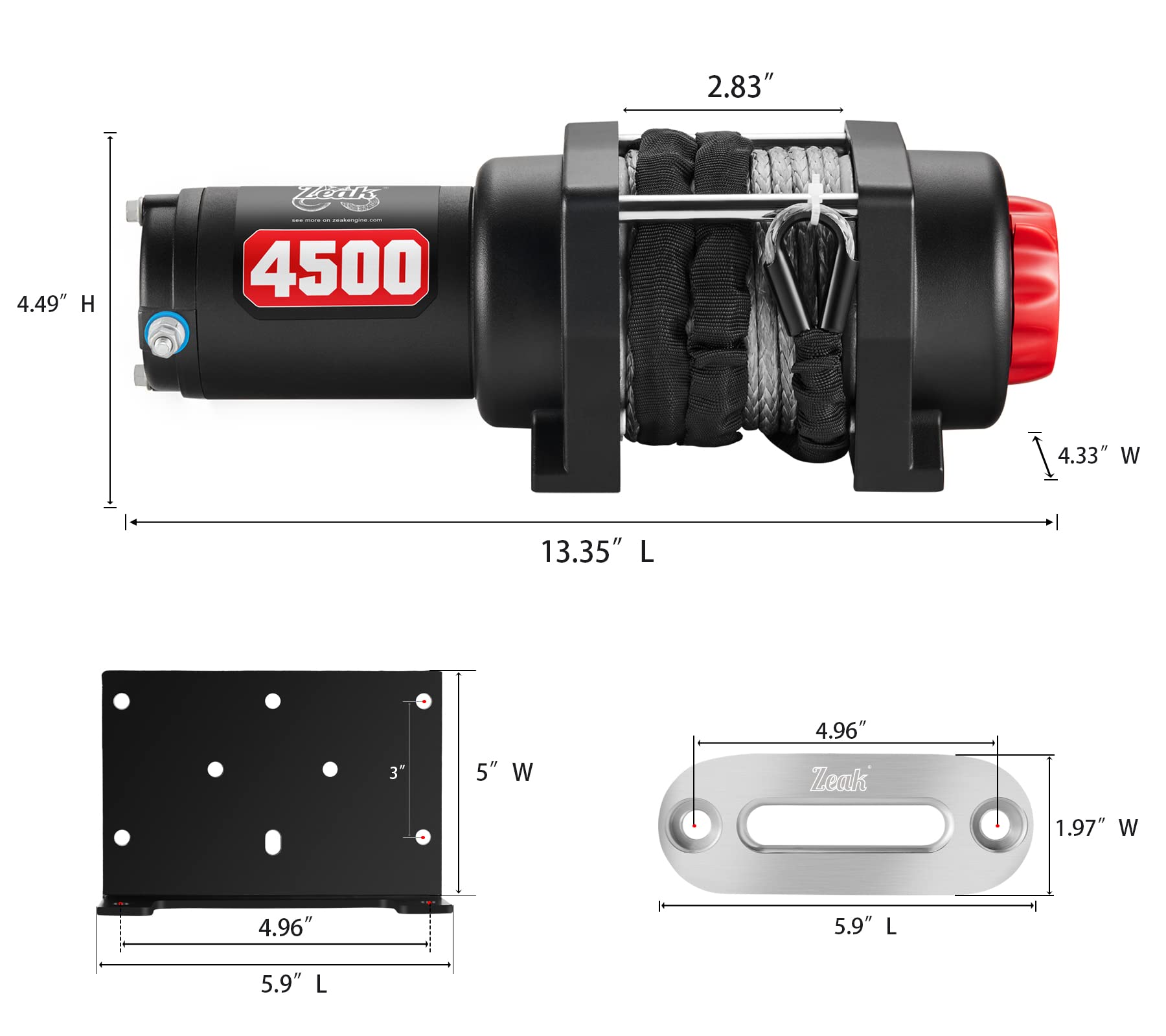 ZEAK 4500 lb Winch Kit, 12V 45 Feet Synthetic Rope, with Wireless Remote Bracket, for UTV Off Roading