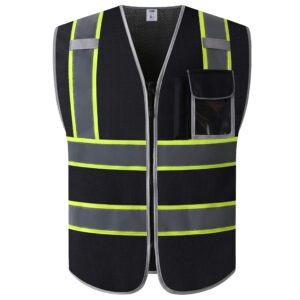 jksafety 3 pockets high visibility zipper front safety vest mesh lite | black with dual tone high reflective strips | meets ansi/isea standards (99-black, x-large)