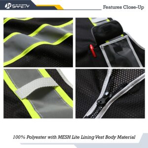 JKSafety 3 Pockets High Visibility Zipper Front Safety Vest MESH Lite | Black with Dual Tone High Reflective Strips | Meets ANSI/ISEA Standards (99-Black, X-Large)