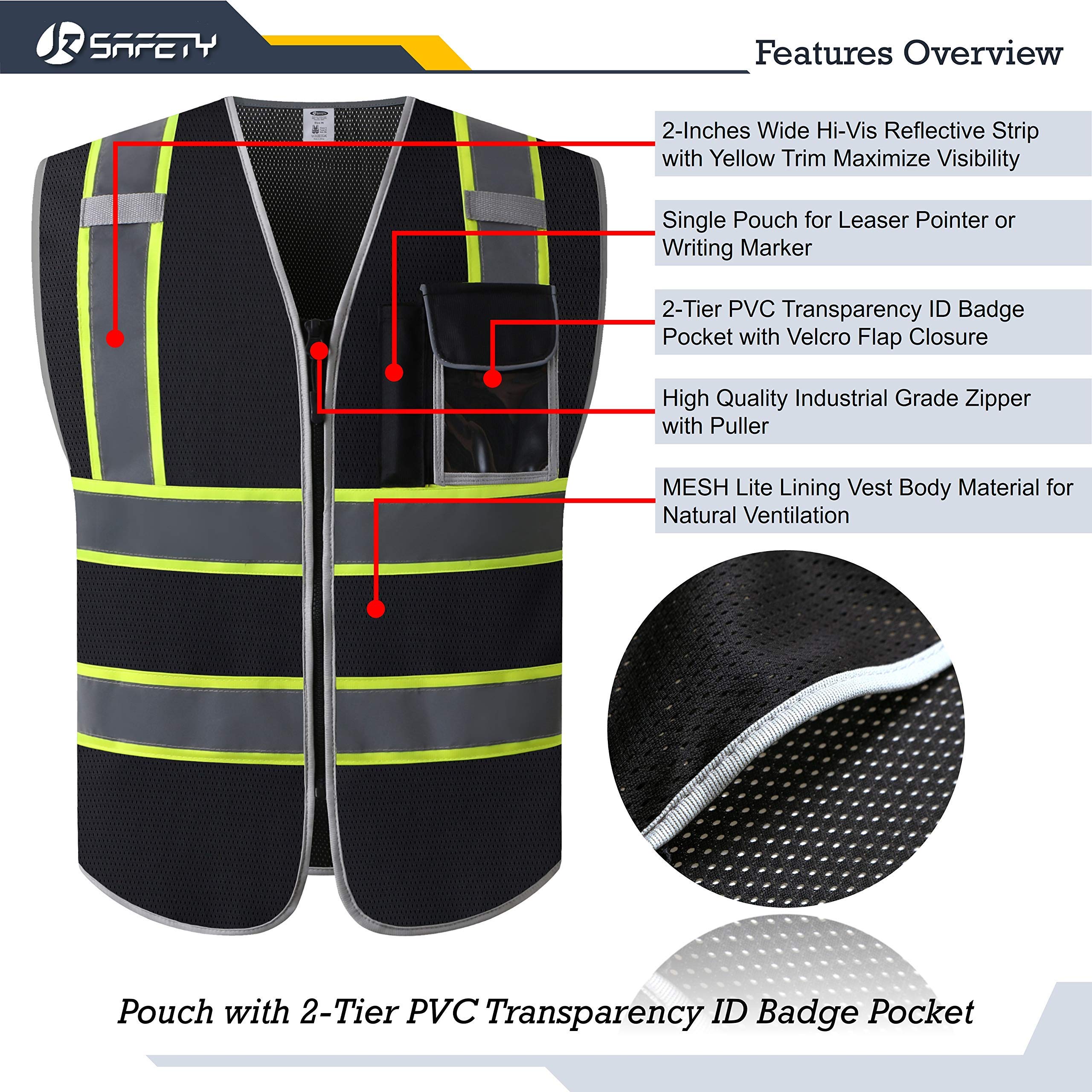 JKSafety 3 Pockets High Visibility Zipper Front Safety Vest MESH Lite | Black with Dual Tone High Reflective Strips | Meets ANSI/ISEA Standards (99-Black, X-Large)