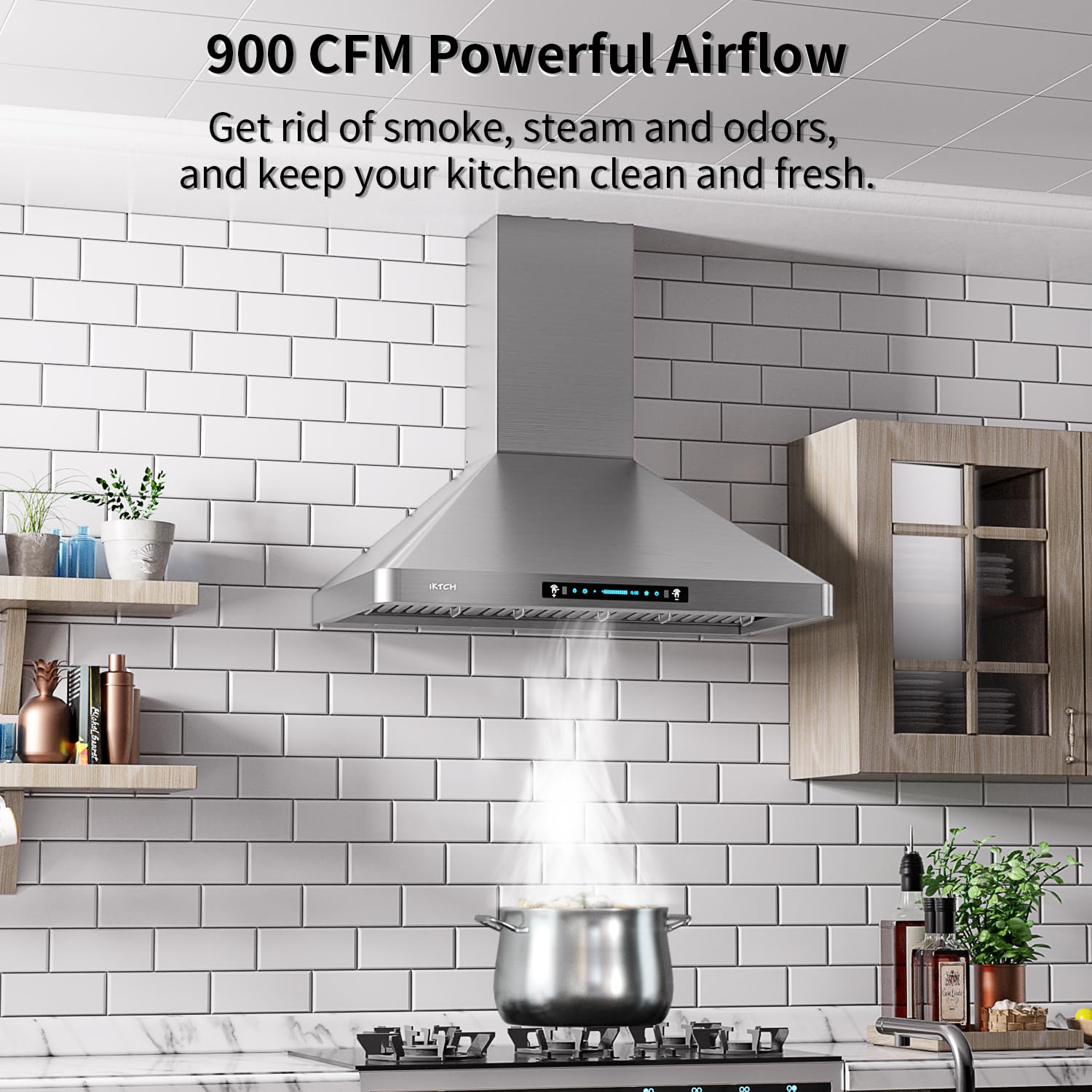 IKTCH 36"Wall Mount Range Hood, 900 CFM Ducted/Ductless Range Hood with 4 Speed Fan, Pure Stainless Steel Range Hood 36 inch with Gesture Sensing & Touch Control Making life Smarter IKP02R-36