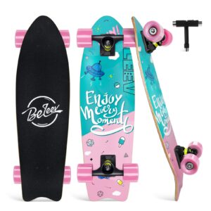 beleev cruiser skateboards for beginners, 27 inch complete skateboard for kids ages 3-12, teens adults, 7 ply canadian maple double kick deck concave trick skateboard (pink)