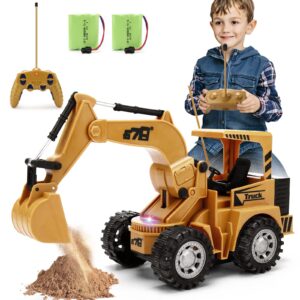 remote control excavator toy for beginners - 4wd 5 channel 1:24 rc construction excavator with led light, pretend construction playset, vehicle toys for boys girls, best gifts for 3-6 years old kids