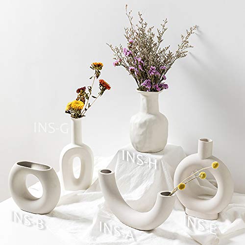 INGLENIX Grey White Ceramic Vases Nordic Minimalism Style Decoration for Centerpieces, Kitchen, Office or Living Room, Modern Geometric Decorative Tall Vase for Home Decor (INS-F)