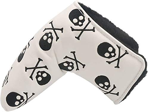 DNYAN Golf PU Leather Blade Putter Cover Skull Bones Headcover with Veclro Fastening for putters All Brands Taylormade Scotty Cameron Titleist Callaway Ping,White