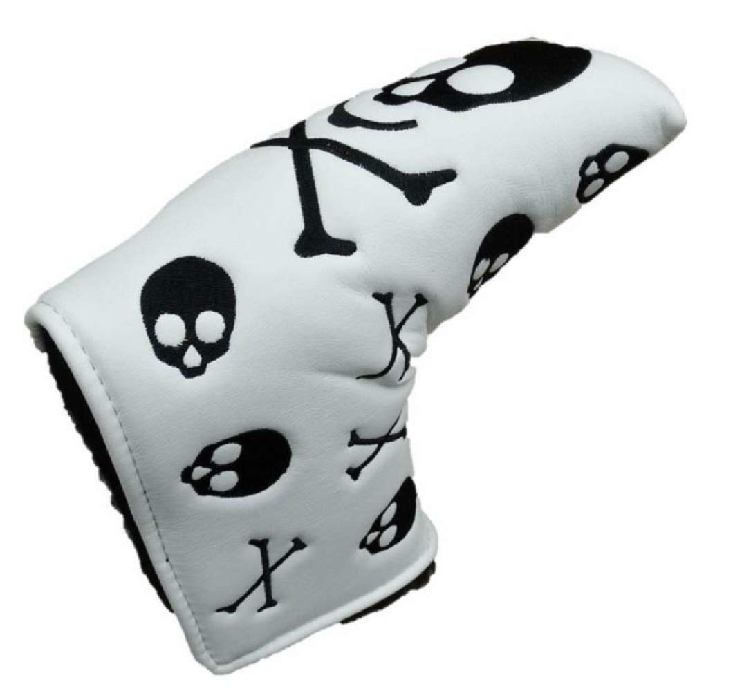 DNYAN Golf PU Leather Blade Putter Cover Skull Bones Headcover with Veclro Fastening for putters All Brands Taylormade Scotty Cameron Titleist Callaway Ping,White