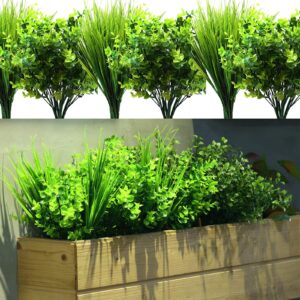 16 pieces outdoor artificial fake plants, uv resistant artificial greenery shrubs stems, 8 artificial boxwood and 8 plastic wheat grass for indoor outdoor home porch window box garden decoration