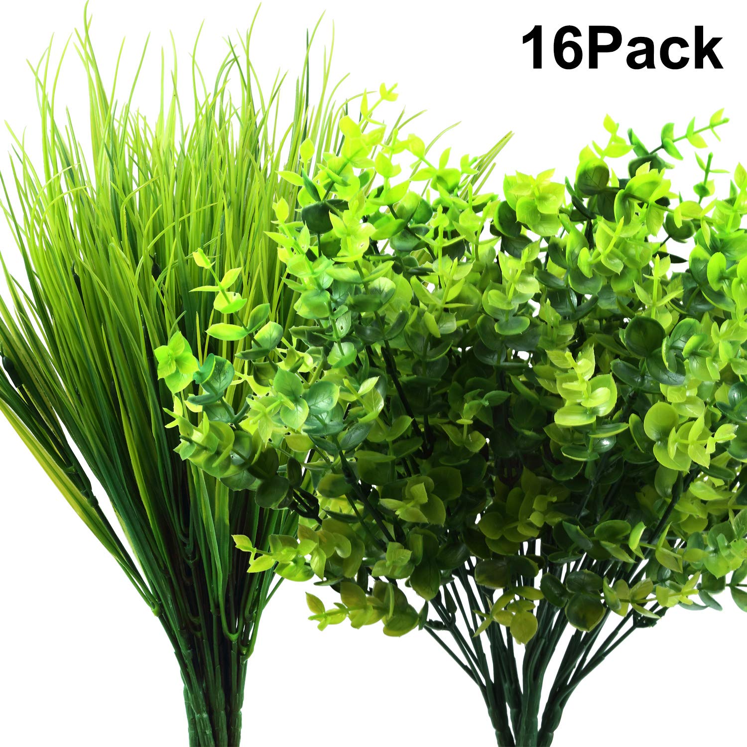 16 Pieces Outdoor Artificial Fake Plants, UV Resistant Artificial Greenery Shrubs Stems, 8 Artificial Boxwood and 8 Plastic Wheat Grass for Indoor Outdoor Home Porch Window Box Garden Decoration