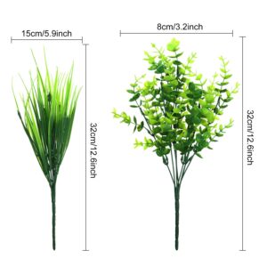 16 Pieces Outdoor Artificial Fake Plants, UV Resistant Artificial Greenery Shrubs Stems, 8 Artificial Boxwood and 8 Plastic Wheat Grass for Indoor Outdoor Home Porch Window Box Garden Decoration