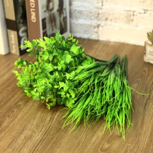 16 Pieces Outdoor Artificial Fake Plants, UV Resistant Artificial Greenery Shrubs Stems, 8 Artificial Boxwood and 8 Plastic Wheat Grass for Indoor Outdoor Home Porch Window Box Garden Decoration