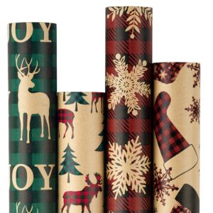 ruspepa christmas wrapping paper, kraft paper - red and green plaids style designs - 4 rolls - 30 inches x 10 feet per roll