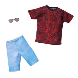 barbie fashions pack: ken doll clothes with red & black patterned t-shirt, blue shorts & 1 pair of sunglasses, gift for kids 3 to 8 years old