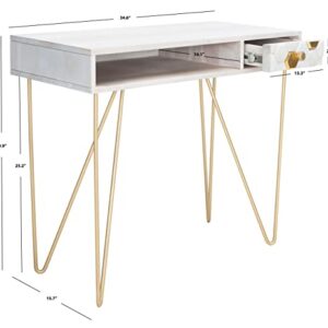 Safavieh Home Office Collection Raveena White Wash and Brass 1-Drawer Hairpin Leg Desk, 0