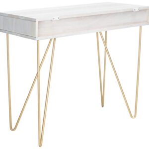 Safavieh Home Office Collection Raveena White Wash and Brass 1-Drawer Hairpin Leg Desk, 0