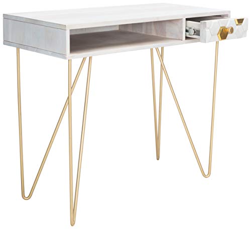 Safavieh Home Office Collection Raveena White Wash and Brass 1-Drawer Hairpin Leg Desk, 0