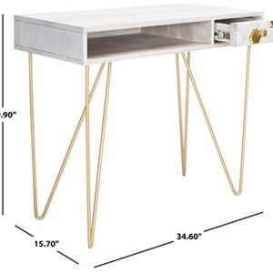 Safavieh Home Office Collection Raveena White Wash and Brass 1-Drawer Hairpin Leg Desk, 0