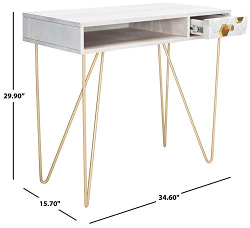 Safavieh Home Office Collection Raveena White Wash and Brass 1-Drawer Hairpin Leg Desk, 0