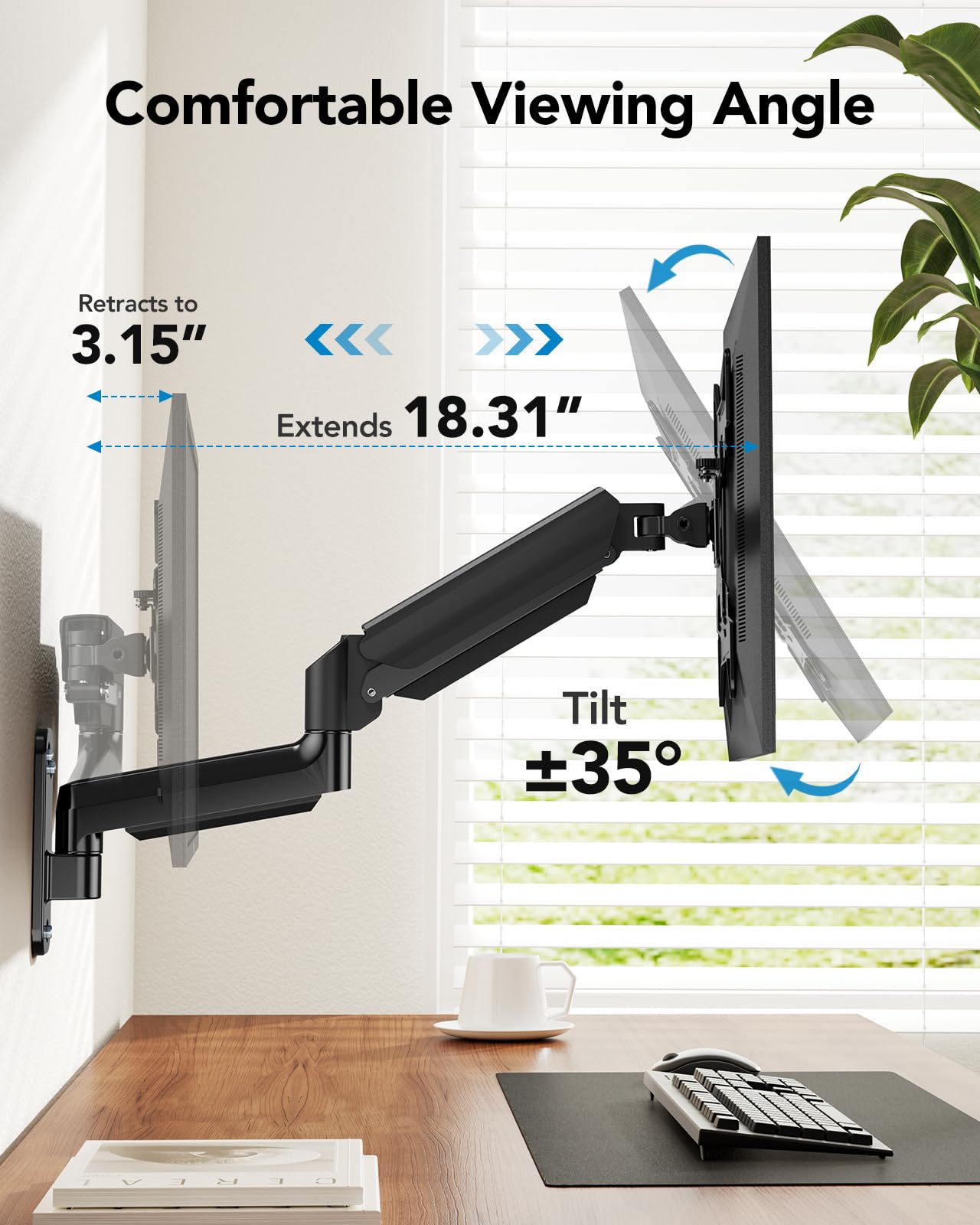 HUANUO Computer Monitor Wall Mount for 22 to 35 inch Flat Curved Screens, Single Wall Mount Monitor Arm Holds up to 26.4lbs, Height Adjustable Full Motion Gas Spring Vesa Wall Mount, Max 200x200mm