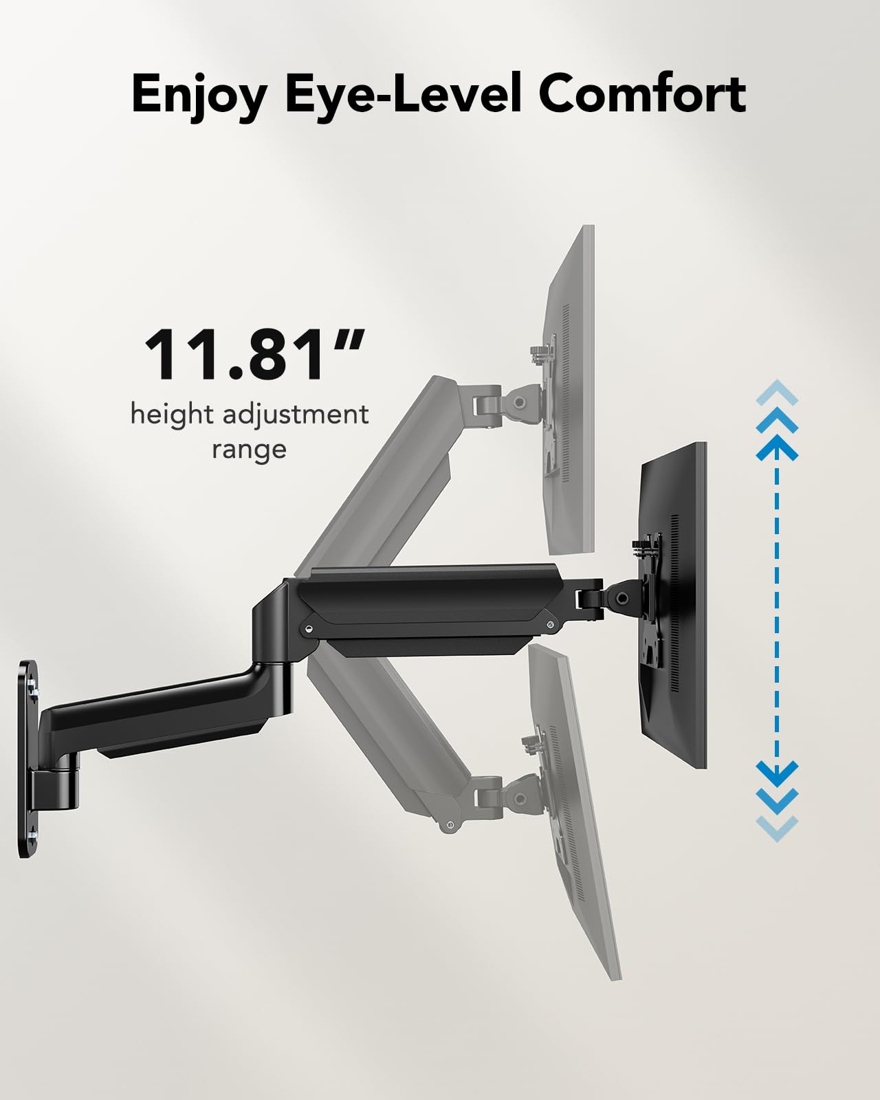 HUANUO Computer Monitor Wall Mount for 22 to 35 inch Flat Curved Screens, Single Wall Mount Monitor Arm Holds up to 26.4lbs, Height Adjustable Full Motion Gas Spring Vesa Wall Mount, Max 200x200mm