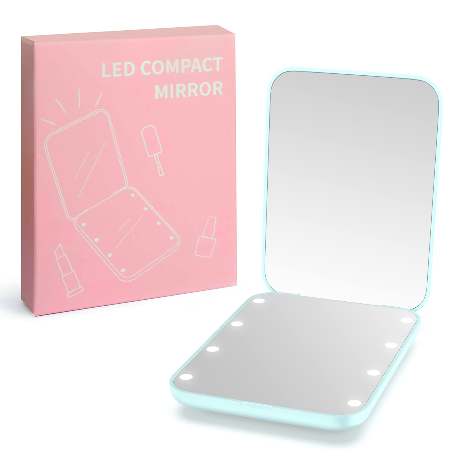 wobsion Compact Mirror, Magnifying Mirror with Light, 1x/3x Handheld 2-Sided Magnetic Switch Fold Mirror,Small Travel Makeup Mirror,Pocket Mirror for Handbag,Purse,Gifts for Girls(Cyan)