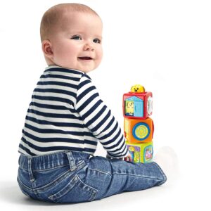 Bambiya Activity Cubes & Stacking Toy Blocks Set of 3 - Baby Blocks for Toddlers w/Animal Theme - Gross & Fine Motor Skills: Slide, Spin, Wiggle, Turn, Stack - Educational 3 Month Old Toys for Babies