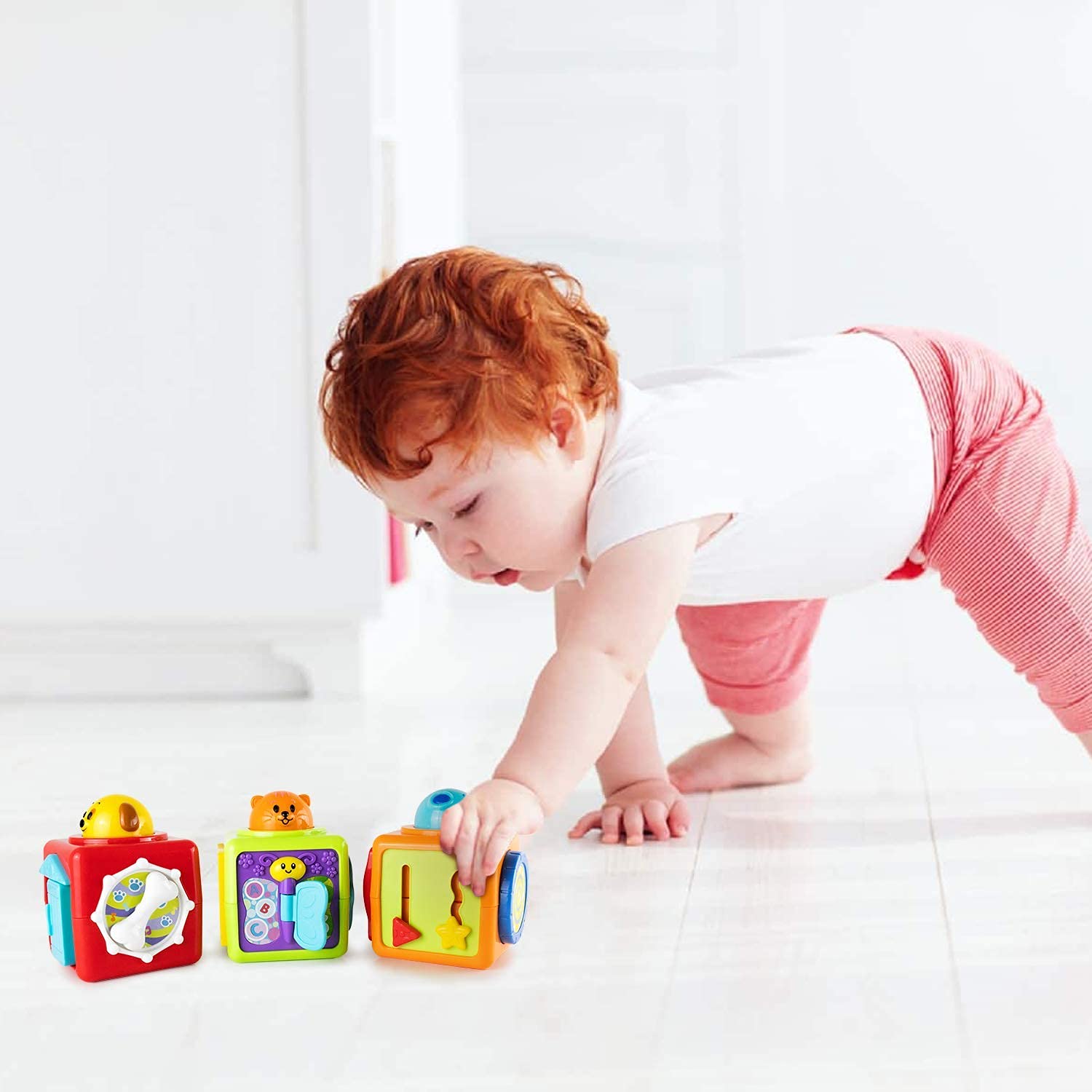 Bambiya Activity Cubes & Stacking Toy Blocks Set of 3 - Baby Blocks for Toddlers w/Animal Theme - Gross & Fine Motor Skills: Slide, Spin, Wiggle, Turn, Stack - Educational 3 Month Old Toys for Babies