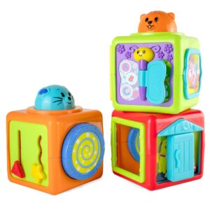 Bambiya Activity Cubes & Stacking Toy Blocks Set of 3 - Baby Blocks for Toddlers w/Animal Theme - Gross & Fine Motor Skills: Slide, Spin, Wiggle, Turn, Stack - Educational 3 Month Old Toys for Babies