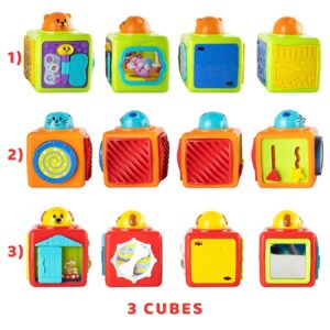 Bambiya Activity Cubes & Stacking Toy Blocks Set of 3 - Baby Blocks for Toddlers w/Animal Theme - Gross & Fine Motor Skills: Slide, Spin, Wiggle, Turn, Stack - Educational 3 Month Old Toys for Babies