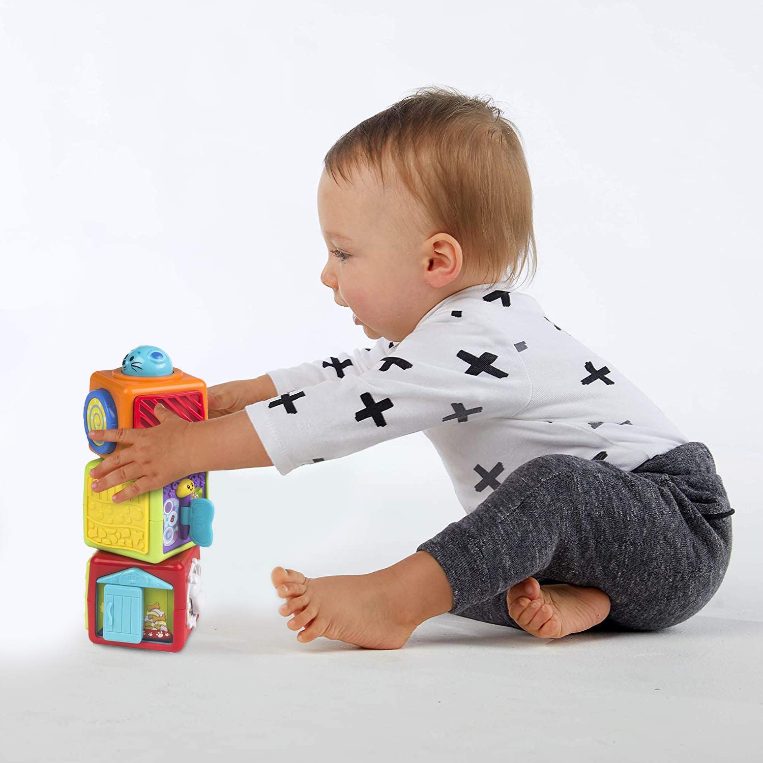 Bambiya Activity Cubes & Stacking Toy Blocks Set of 3 - Baby Blocks for Toddlers w/Animal Theme - Gross & Fine Motor Skills: Slide, Spin, Wiggle, Turn, Stack - Educational 3 Month Old Toys for Babies