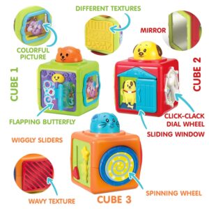 Bambiya Activity Cubes & Stacking Toy Blocks Set of 3 - Baby Blocks for Toddlers w/Animal Theme - Gross & Fine Motor Skills: Slide, Spin, Wiggle, Turn, Stack - Educational 3 Month Old Toys for Babies