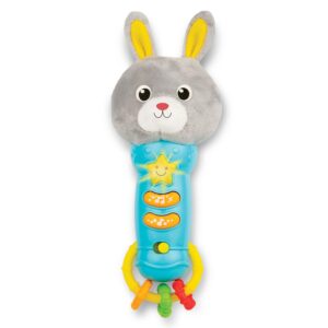 bambiya easter bunny baby teething toy for 6 months and up - baby teether, rattle & musical toy with lights, fun sound effects - baby easter basket stuffer