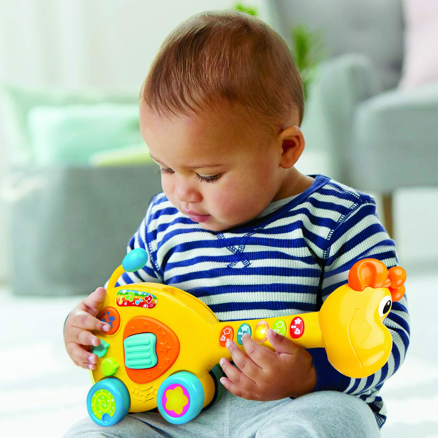 Bambiya 2-in-1 Pull Along Giraffe Toy & Guitar - Baby Musical Guitar Toy for Animal & Music Lover Kids with Multiple Play Modes - Push and Pull Activity Toy - 18 Month Old Toys for Toddlers