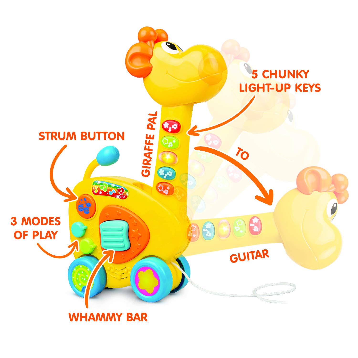 Bambiya 2-in-1 Pull Along Giraffe Toy & Guitar - Baby Musical Guitar Toy for Animal & Music Lover Kids with Multiple Play Modes - Push and Pull Activity Toy - 18 Month Old Toys for Toddlers