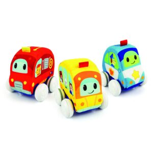 pull back toy cars – soft plush toddler car toys, includes: fire truck, police car & school bus - machine washable 6 months baby toys (set of 3)