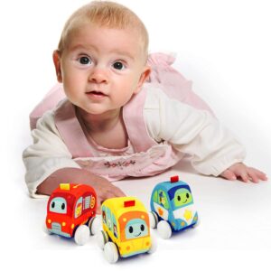 Pull Back Toy Cars – Soft Plush Toddler Car Toys, Includes: Fire Truck, Police Car & School Bus - Machine Washable 6 Months Baby Toys (Set of 3)