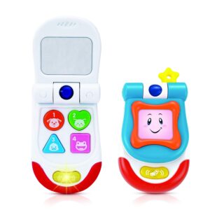 baby toy flip phone – 4 interactive sound and music buttons plus realistic ringtone – includes a mirror and fun light effects – smartphone toy for babies 3+ months – astm certified