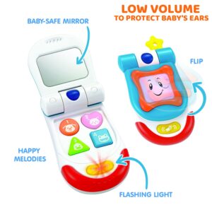 Baby Toy Flip Phone – 4 Interactive Sound and Music Buttons Plus Realistic Ringtone – Includes a Mirror and Fun Light Effects – Smartphone Toy for Babies 3+ Months – ASTM Certified