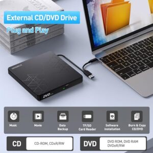 ORIGBELIE External DVD Drive, CD Drive USB 3.0 Typle C CD/DVD ROM +/-RW Adapter with USB Port DVD Burner for Laptop PC Desktop Computer, Optical Disk Drive CD Player Compatible with Mac Windows Linux