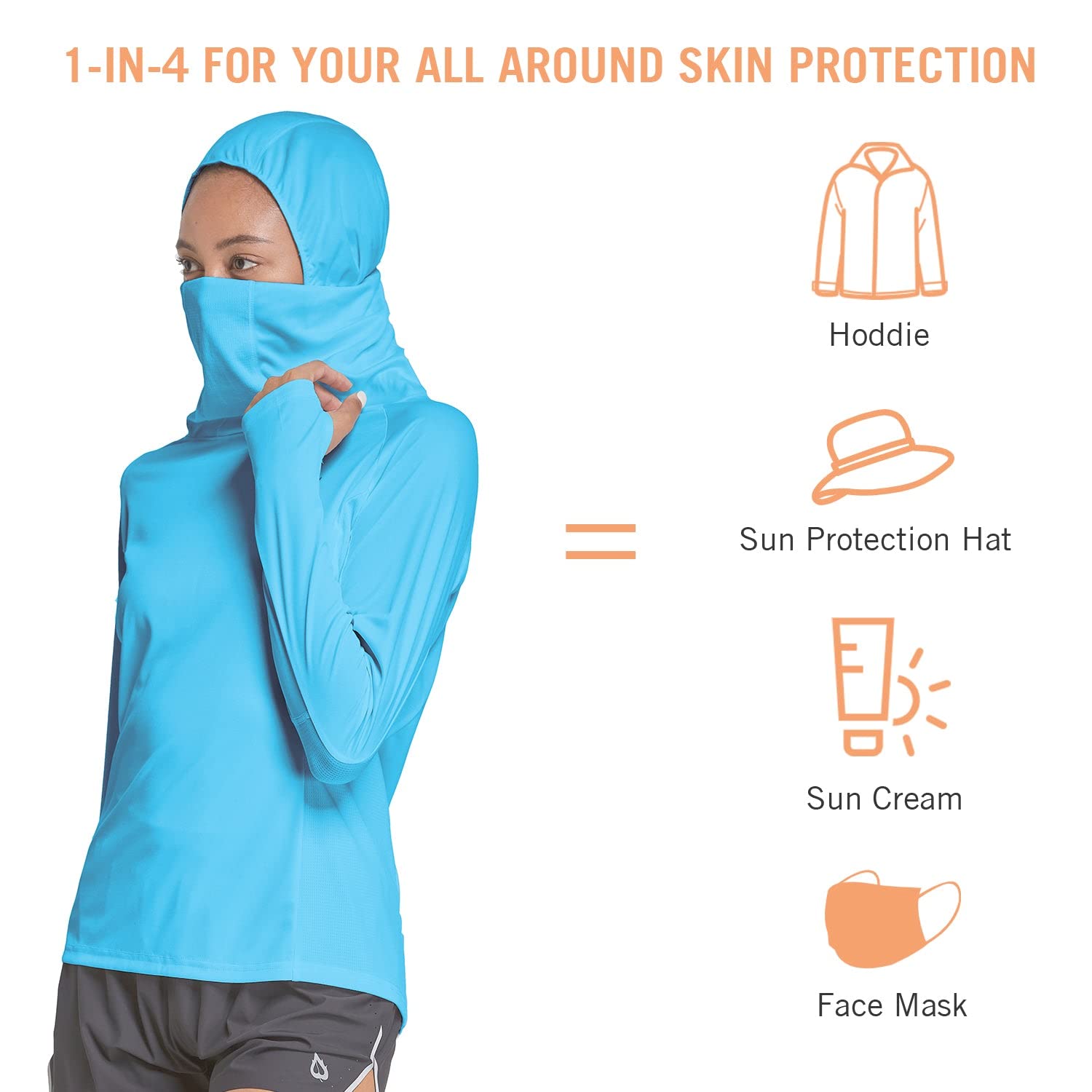 BALEAF Women's Hiking Long Sleeve Shirts with Face Cover Neck Gaiter UPF 50+ Lightweight Quick Dry SPF Fishing Running Hoddie Blue Size XL