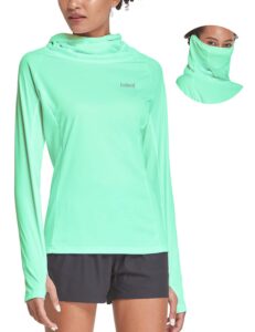 baleaf women's hiking long sleeve shirts with face cover neck gaiter upf 50+ lightweight quick dry spf fishing running hoddie light green size m