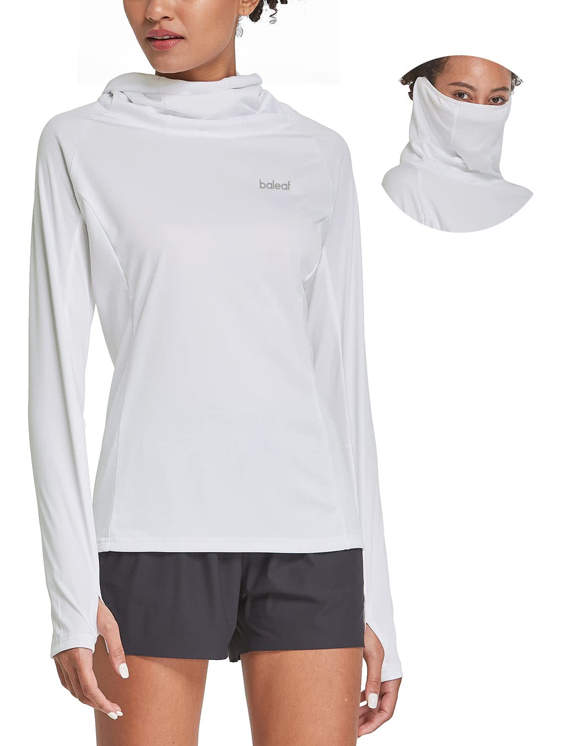 BALEAF Women's Long Sleeve Rash Guard with Face Cover UPF 50+ Swim Shirts Sun Hoddie Lightweight Quick Dry SPF Hiking Fishing Running Tops White Size XL