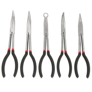 amarine made long needle nose pliers set 11-inch pliers 5-piece set nipper bent nose, duckbill pliers,end cutting, diagonal, plug cable puller reach flat,45,90 degree angle, straight,curved pliers