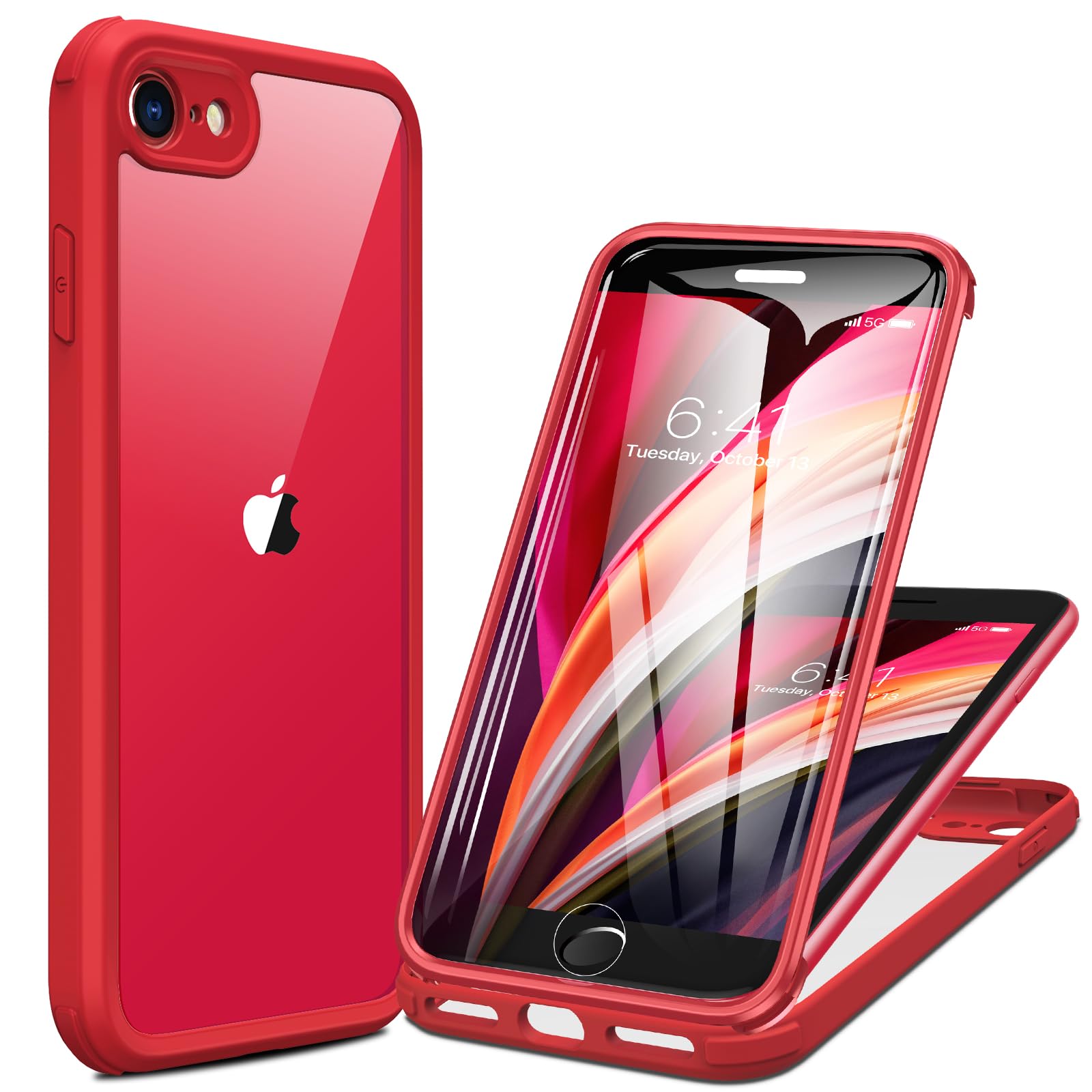 iPhone SE 2022 & 2020 Case, iPhone 8 Case [Built-in Glass Screen Protector] Military Grade Full Body 360 Shockproof Stylish Bumper Transparent Back Case Cover for iPhone SE 2020/ iPhone 8 (Red)