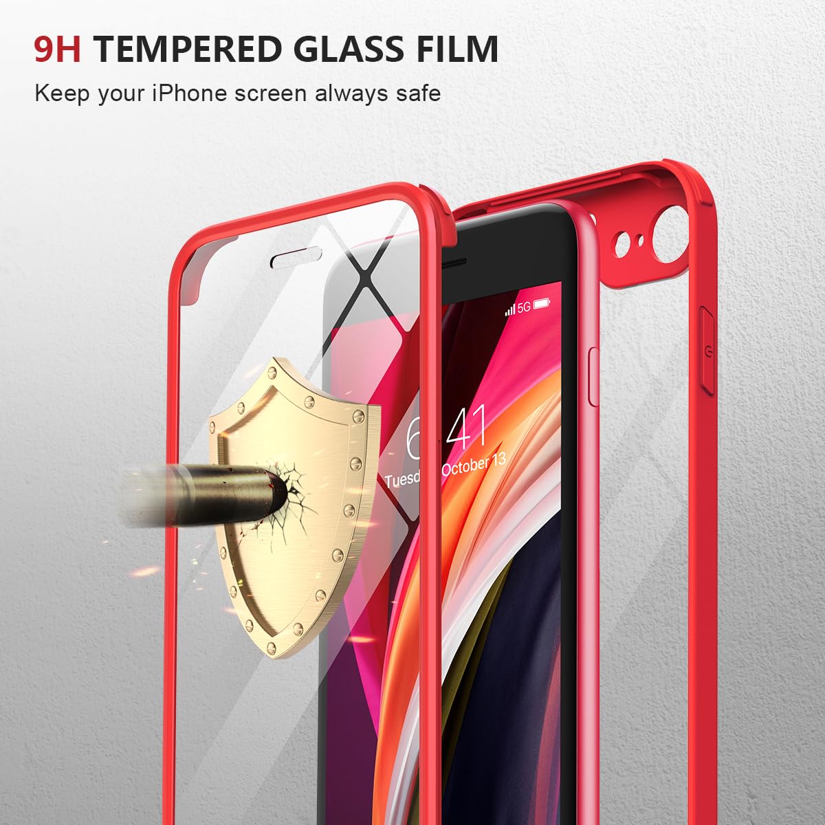 iPhone SE 2022 & 2020 Case, iPhone 8 Case [Built-in Glass Screen Protector] Military Grade Full Body 360 Shockproof Stylish Bumper Transparent Back Case Cover for iPhone SE 2020/ iPhone 8 (Red)