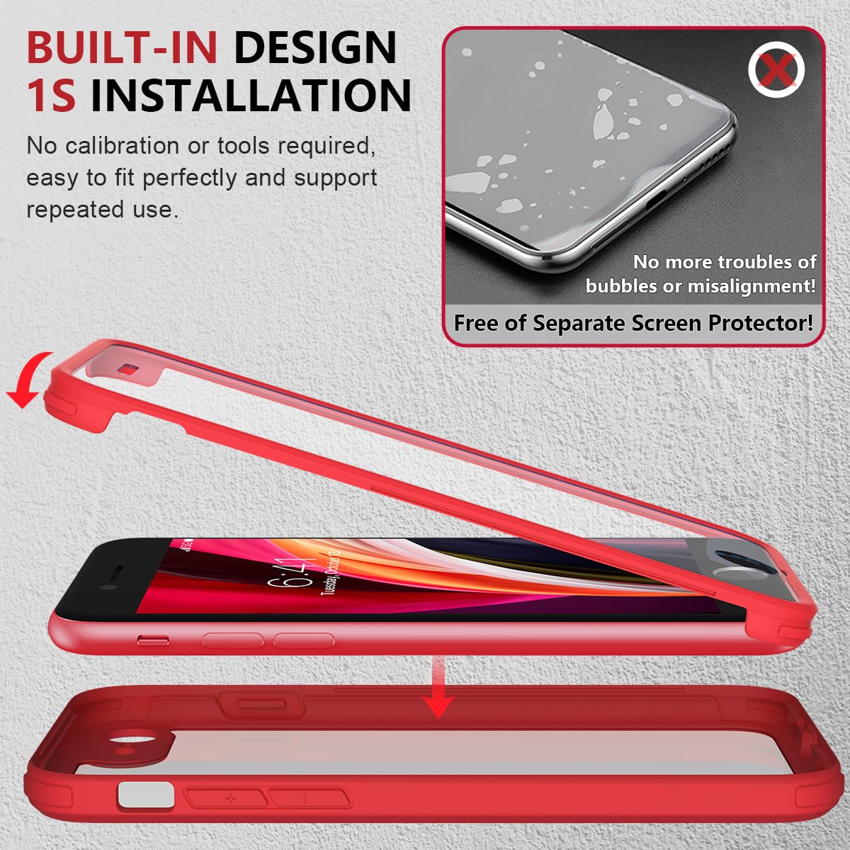 iPhone SE 2022 & 2020 Case, iPhone 8 Case [Built-in Glass Screen Protector] Military Grade Full Body 360 Shockproof Stylish Bumper Transparent Back Case Cover for iPhone SE 2020/ iPhone 8 (Red)